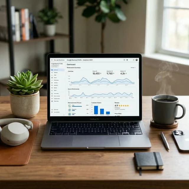 Un espace de travail professionnel réaliste affichant un tableau de bord d'analyse Google Business Profile sur un écran d'ordinateur portable, illustrant l'optimisation GMB en 2026.