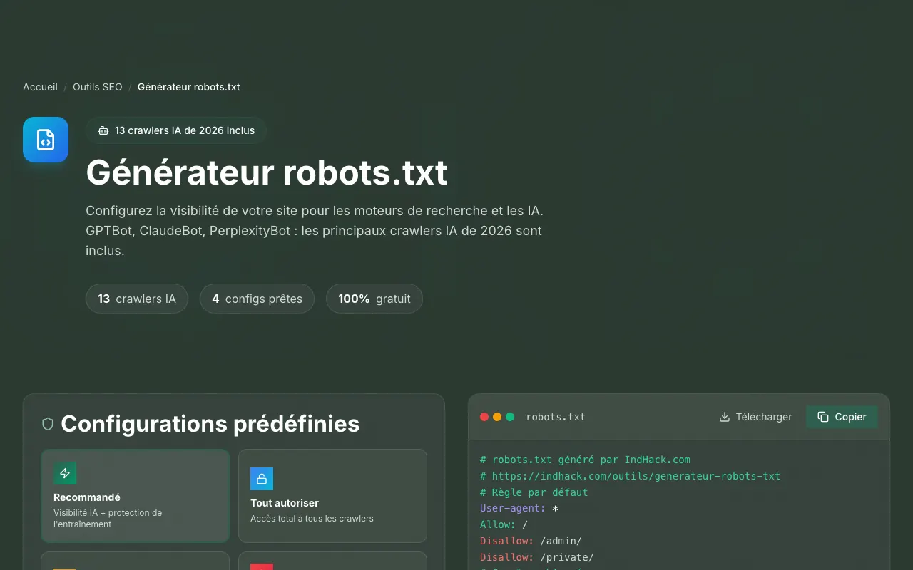Capture du générateur de robots.txt d’IndHack